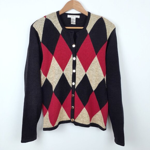 Vintage Argyle Cardigan, Size M. Red Black Gold Retro Holiday Button Up Lisa J - Picture 1 of 7